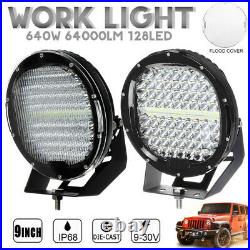 2PCS 9 Inch 640W Round LED Work Light Spotlight Offroad Driving Lamp Car Truck K
