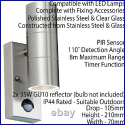 2 PACK IP44 Outdoor Accent Light & PIR GU10 Stainless Steel Up & Down Wall Lamp