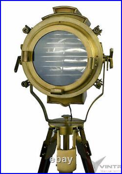 Antique Brass Nautical Searchlight Floor Lamp Spotlight Wooden Tripod Light