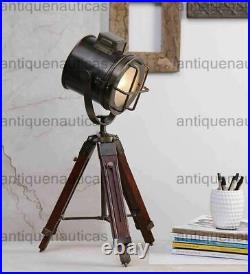 Antique Marine SPOT LIGHT Nautical TABLE LAMP With Wooden Tripod Stand Christmas