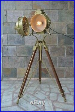 Antique Perkins Marine Nautical Spotlight Decorative Floor Lamp Wooden Tripod