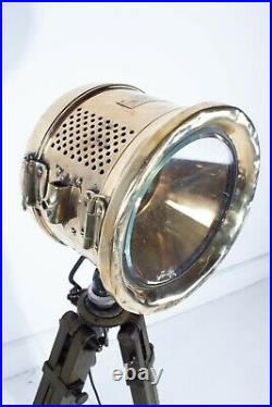 Antique Vintage 20th Century Brass Military Spot Search Light on Tripod Base