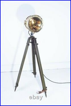 Antique Vintage 20th Century Brass Military Spot Search Light on Tripod Base