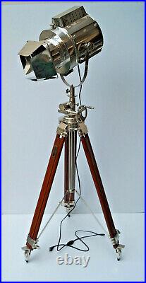 Antique floor stand spot light nautical searchlight on wooden tripod home decor