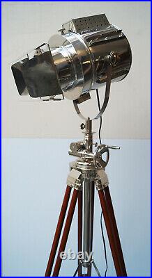 Antique floor stand spot light nautical searchlight on wooden tripod home decor