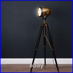 Brass And Black Industrial Spotlight Tripod Floor Lamp