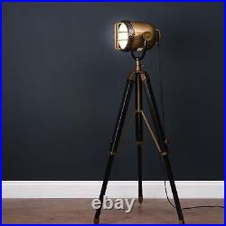 Brass And Black Industrial Spotlight Tripod Lamp