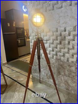 Brass Antique Spot Light Searchlight Studio Style Floor Lamp Wooden Tripod Lamp