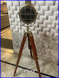 Brass Antique Spot Light Searchlight Studio Style Floor Lamp Wooden Tripod Lamp