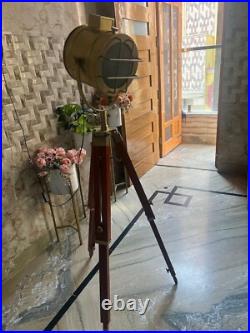 Brass Antique Spot Light Searchlight Studio Style Floor Lamp Wooden Tripod Lamp