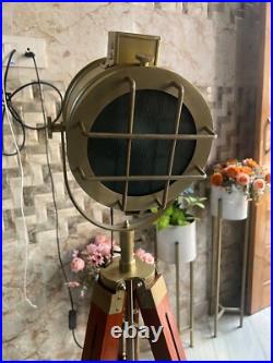 Brass Antique Spot Light Searchlight Studio Style Floor Lamp Wooden Tripod Lamp