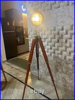 Brass Antique Spot Light Searchlight Studio Style Floor Lamp Wooden Tripod Light
