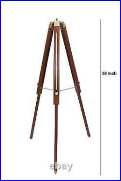 Brass Spot Light with Wooden Tripod Stand Double Fold Nautical Decor Floor Lamp