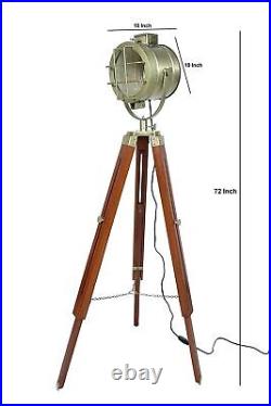 Brass Spot Light with Wooden Tripod Stand Double Fold Nautical Decor Floor Lamp