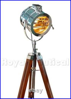 Brown Nautical Wooden Tripod Floor Lamp Lighting LED Chrome Adjustable Shade