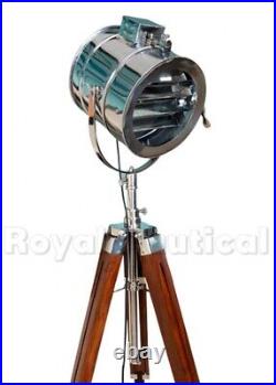 Brown Nautical Wooden Tripod Floor Lamp Lighting LED Chrome Adjustable Shade