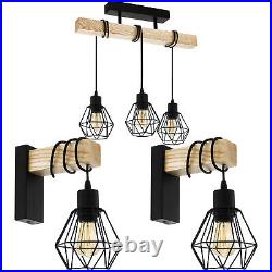 Ceiling Spot Light & 2x Matching Wall Lights Black Wire Cage & Wood Trendy Lamp