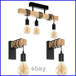 Ceiling Spot Light & 2x Matching Wall Lights Black & Wood Trendy Hanging Lamp