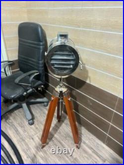 Chrome Spot Light Searchlight Studio Antique Style Floor Lamp Wooden Base Tripod