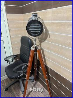 Chrome Spot Light Searchlight Studio Antique Style Floor Lamp Wooden Base Tripod