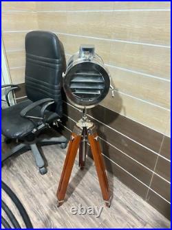 Chrome Spot Light Searchlight Studio Antique Style Floor Lamp Wooden Base Tripod