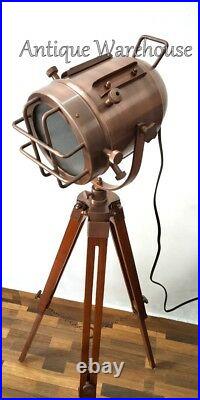 Copper Antique Nautical Spot Light Floor Lamp Handmade Tripod Studio Searchlight