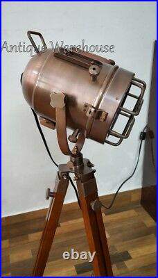Copper Antique Nautical Spot Light Floor Lamp Handmade Tripod Studio Searchlight