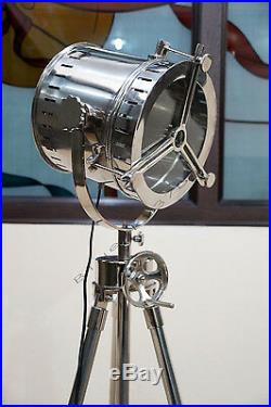 DESIGNER Chrome Nautical SPOT LIGHT Tripod Floor LAMP Huge vintage industrial