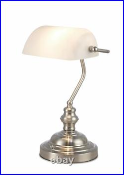 Deco D0086 Morgan Bankers Lamp Table Desk Lamp Satin Nickel White Glass Shade
