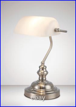 Deco D0086 Morgan Bankers Lamp Table Desk Lamp Satin Nickel White Glass Shade