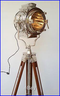 Floor lamp spotlight searchlight heavy tripod wooden stand vintage collectible