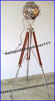 Floor lamp spotlight searchlight heavy tripod wooden stand vintage collectible