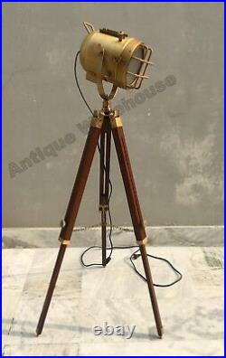 Handmade Brass Antique Spot Light Floor Lamp With Wooden Tripod Stand Decorate