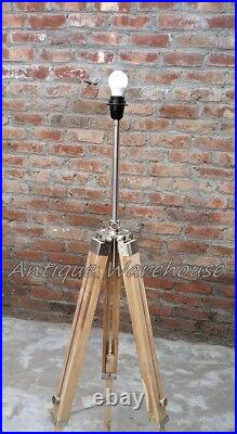 Handmade Shade Floor Lamp Teak Wooden Adjustable Tripod Floor Lamp Decor