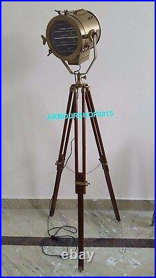 Hollywood Antique Nautical Spotlight Floor Lamp Brown Tripod Stand Collectible