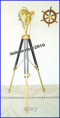 Hollywood Nautical Antique Spot Light Big Floor Lamp on Black Tripod Stand Stand