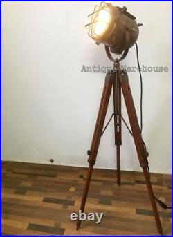 Home Decorative Spot Light Copper Antique Floor Lamp Nautical Tripod Searchlight