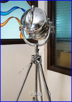 Huge vintage industrial DESIGNER Chrome Nautical SPOT LIGHT Tripod Floor LAMP