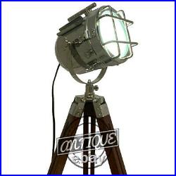 Industrial Floor Lamp Vintage Retro Lampshade Silver Spotlamps Wood Stand Tripod