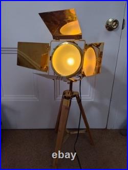 Industrial Nautical style Tripod Floor Lamp Wood Spotlight Gold