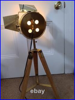 Industrial Nautical style Tripod Floor Lamp Wood Spotlight Gold