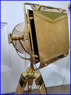 Industrial Nautical style Tripod Floor Lamp Wood Spotlight Gold