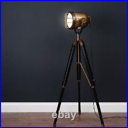 Industrial Spotlight Tripod Lamp 140cm Tall Black & Brass Decor Piece