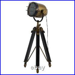 Industrial Spotlight Tripod Lamp 140cm Tall Black & Brass Decor Piece