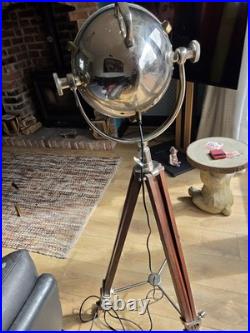 Industrial Tripod Floor Lamp Wood & Metal Chrome Spotlight Adjustable E27 140cm