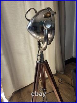 Industrial Tripod Floor Lamp Wood & Metal Chrome Spotlight Adjustable E27 140cm