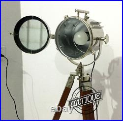 LED NIGHT BEDSIDE FLOOR LAMP with WOODEN TRIPOD VINTAGE NAUTICAL SPOT SEARCHLIGHT