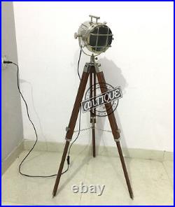 LED NIGHT BEDSIDE FLOOR LAMP with WOODEN TRIPOD VINTAGE NAUTICAL SPOT SEARCHLIGHT
