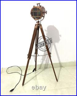 Led Handmade Copper Floor Lamp With Wooden Tripod Marine Studio Searchlight Deco