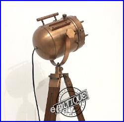 Led Handmade Copper Floor Lamp With Wooden Tripod Marine Studio Searchlight Deco